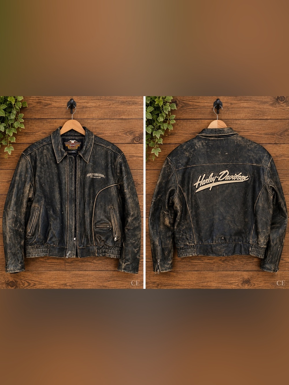 Harley-Davidson Distressed Black Leather Bomber Jacket with Script Back
